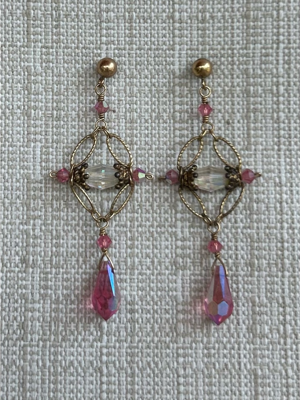 NWOT Artisan Pink and Gold Crystal Drop Earrings